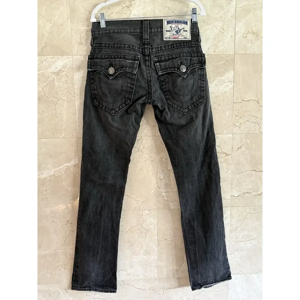 True Religion Men’s Jeans Straight — 28 Black Faded, Made In USA, World Tour
